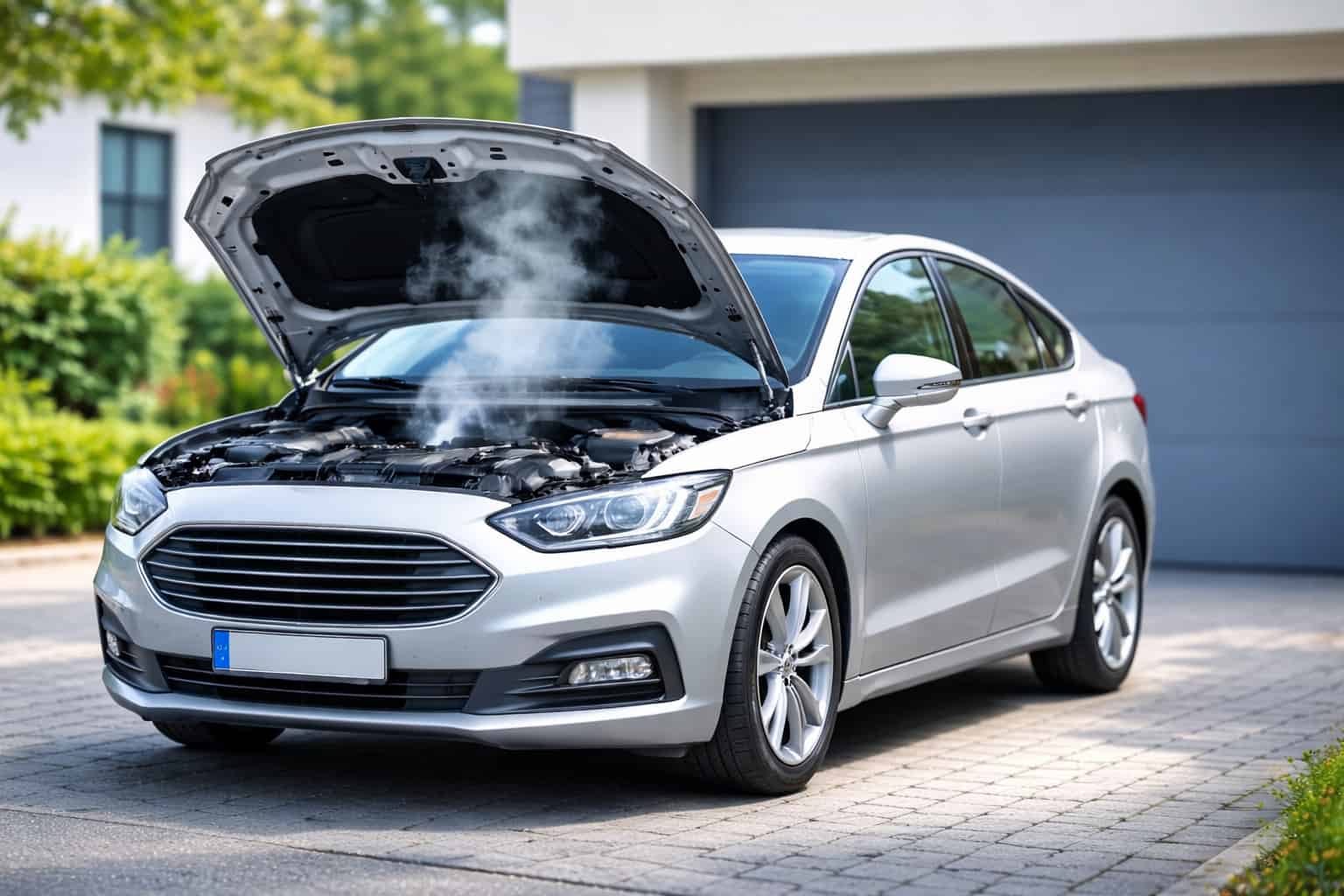 Silberne Limousine mit geöffneter Motorhaube und Dampf aus dem Motorraum – typischer Motorschaden – Autoankauf Pulheim